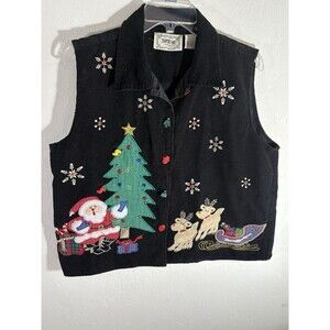 Tantrums Christmas Large Women Embroidery Jewels Black Vest Tree Santa Reindeer